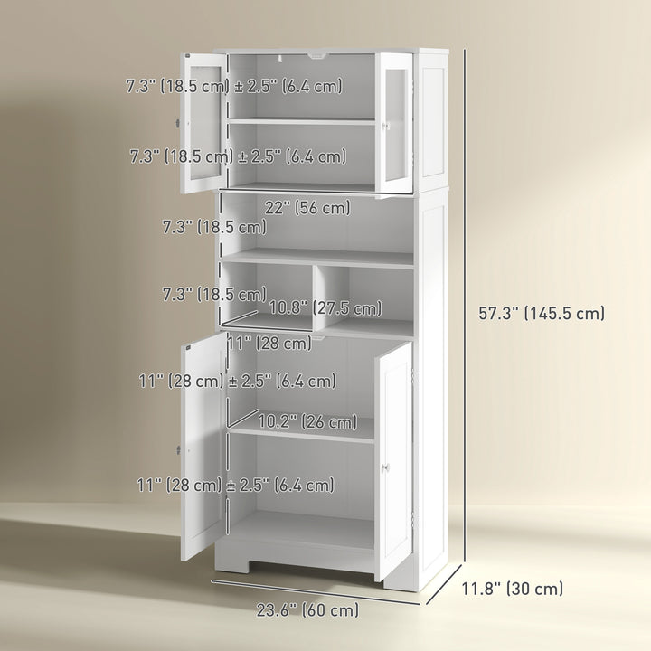 HOMCOM 57" Kitchen Pantry, Freestanding Pantry Storage Cabinet with Glass Doors, Adjustable Shelves, Open Compartments, White