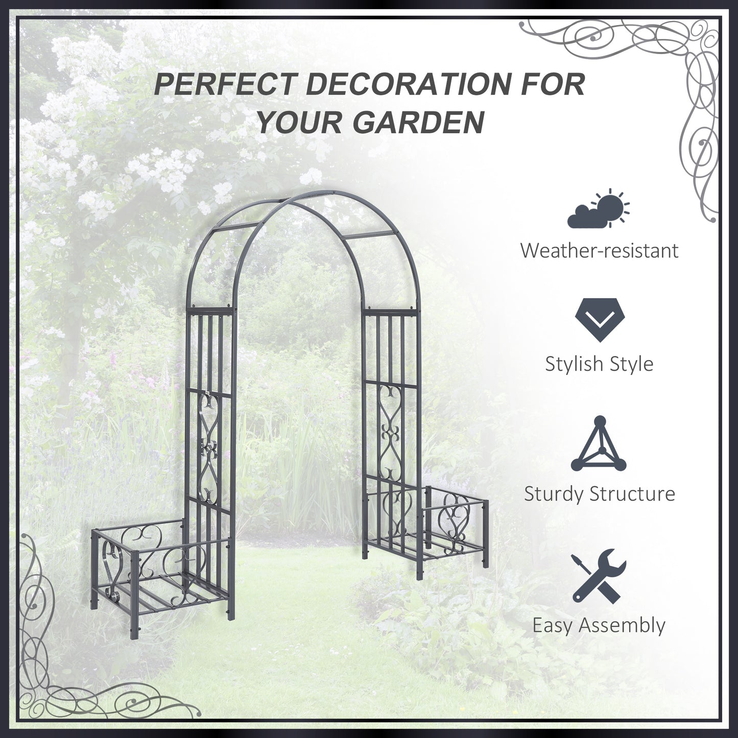 Outsunny 7FT Metal Garden Arch with 2 Planter Boxes, Decorative Outdoor Walkway Arbor for Climbing Vine Plants for Patio Backyard Lawn Party Ceremony, Dark Grey