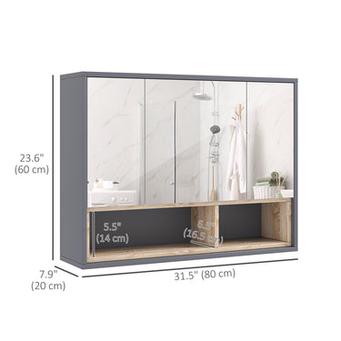 HOMCOM Wall Mounted Bathroom Medicine Cabinet with Mirror and Shelves, Grey