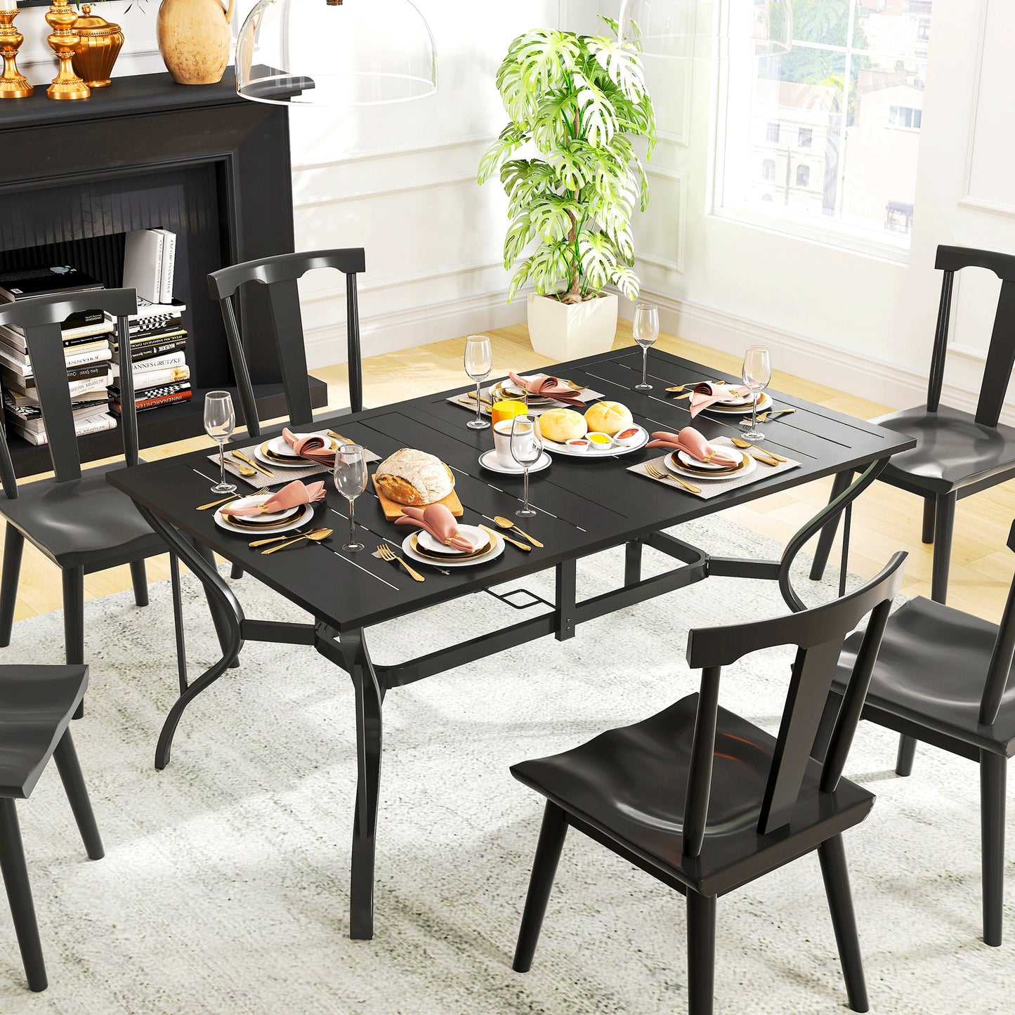 Outsunny Rectangle Patio Dining Table with Umbrella Hole, Outdoor Dining Table for 6 with Steel Frame for Garden, Balcony, Black