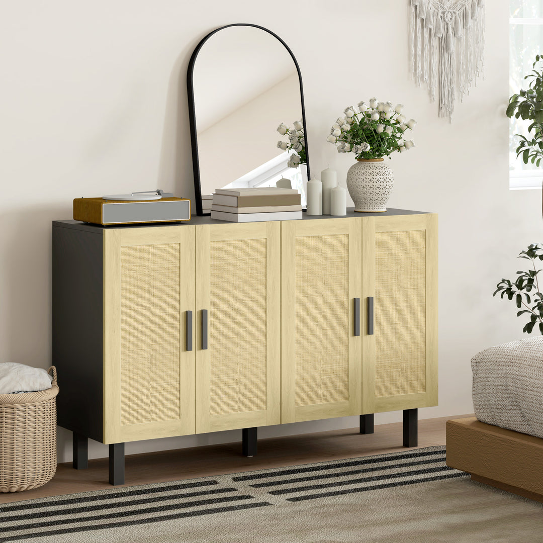 HOMCOM Boho Sideboard Buffet Cabinet, Storage Cabinet with 4 Rattan Doors and Adjustable Shelves, Black