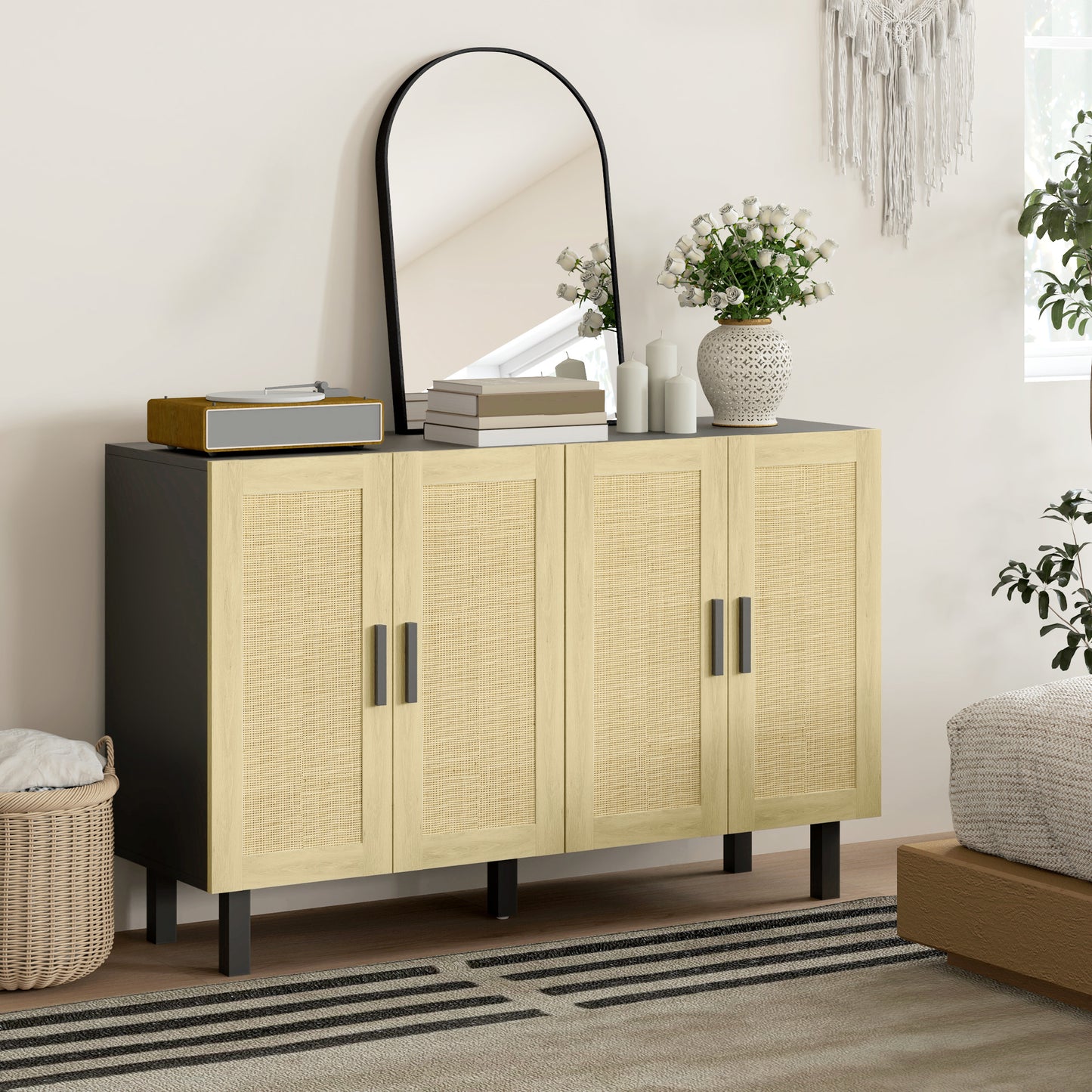 HOMCOM Boho Sideboard Buffet Cabinet, Storage Cabinet with 4 Rattan Doors and Adjustable Shelves, Black