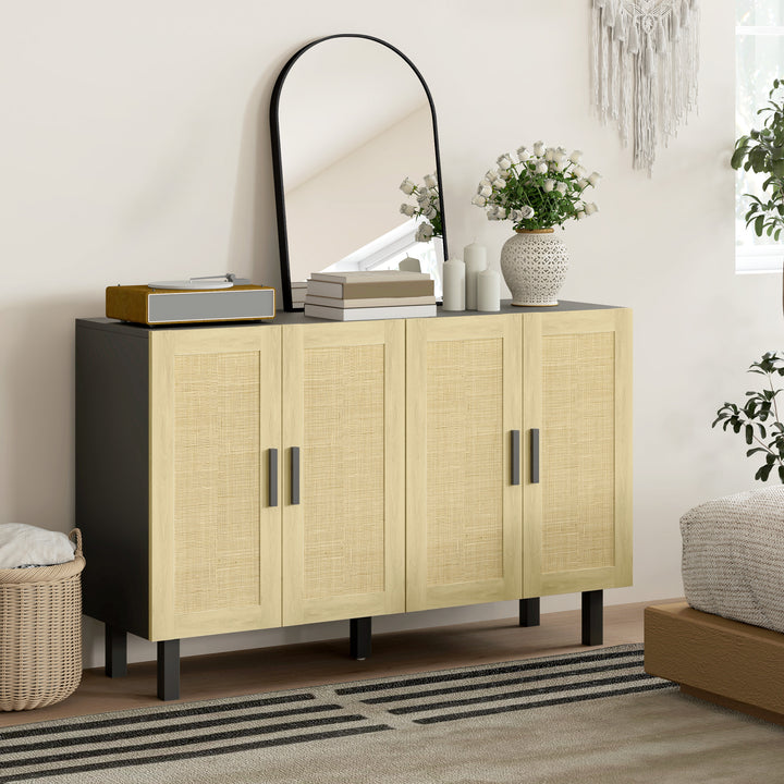 HOMCOM Boho Sideboard Buffet Cabinet, Storage Cabinet with 4 Rattan Doors and Adjustable Shelves, Black