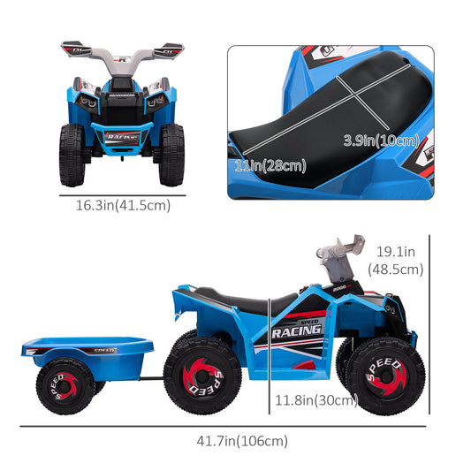 Aosom 6V Kids ATV Quad, Battery Powered Electric Vehicle for Kids with Back Trailer, Wear-resistant Wheels, for Boys and Girls - Blue