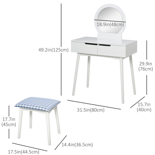 HOMCOM Makeup Vanity Desk with Round Mirror and 2 Drawers, Dressing Table with Cushioned Stool Set for Bedroom (White)