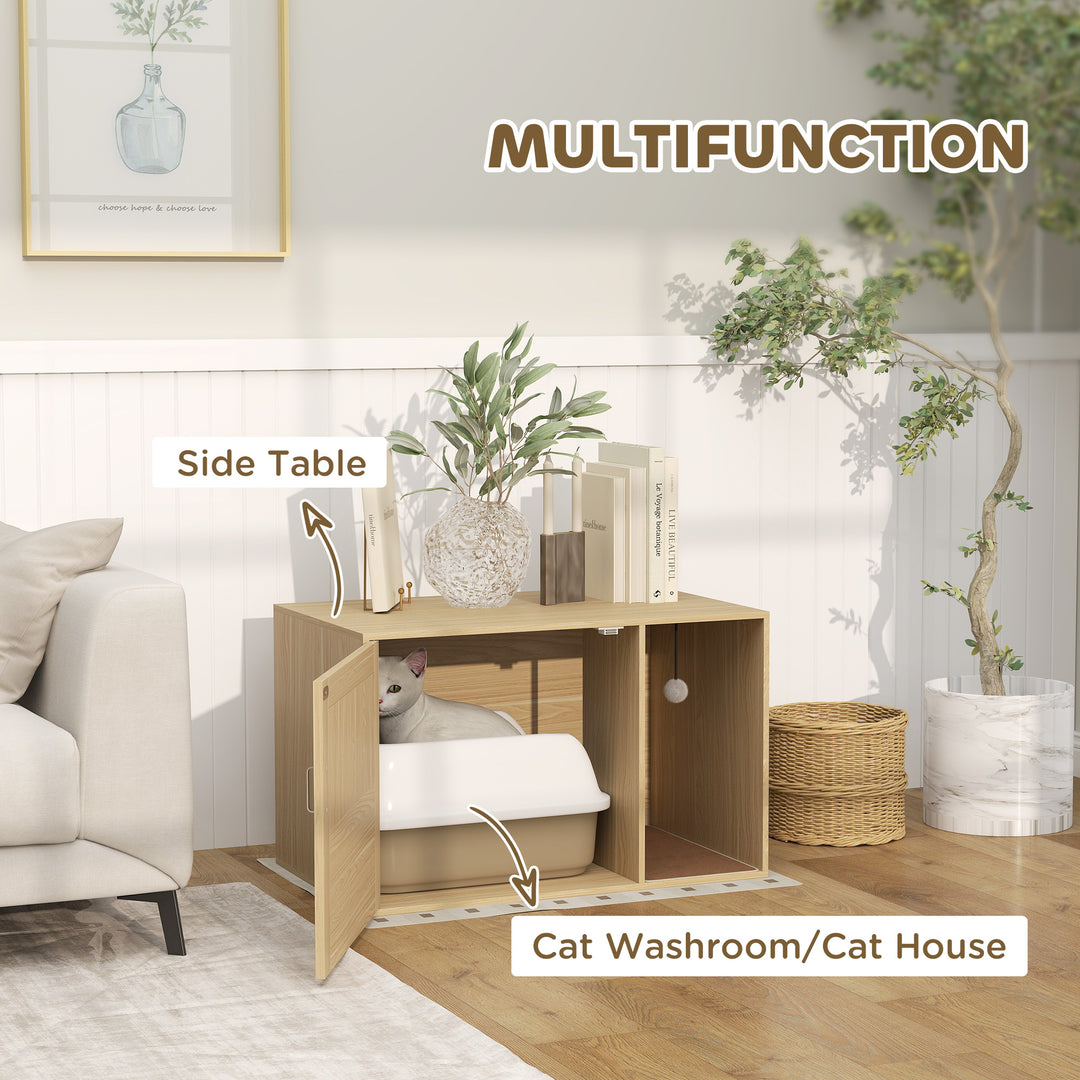 PawHut Cat Litter Box Enclosure, Cat Washroom End Side Table with Rattan Door, Scratching Pad, Non-slip Foot Pads, White