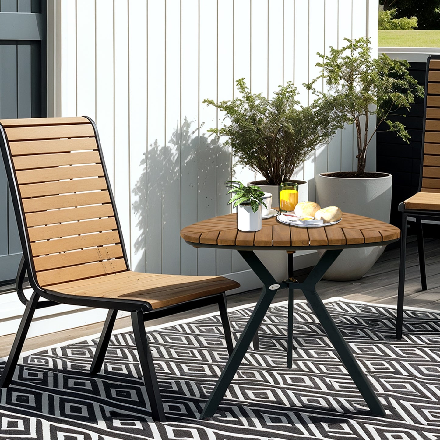 Outsunny 35.4" Outdoor Dining Table with Slatted Acacia Wood Leaf Tabletop, Patio Table with Steel Legs for Garden, Yard, Teak