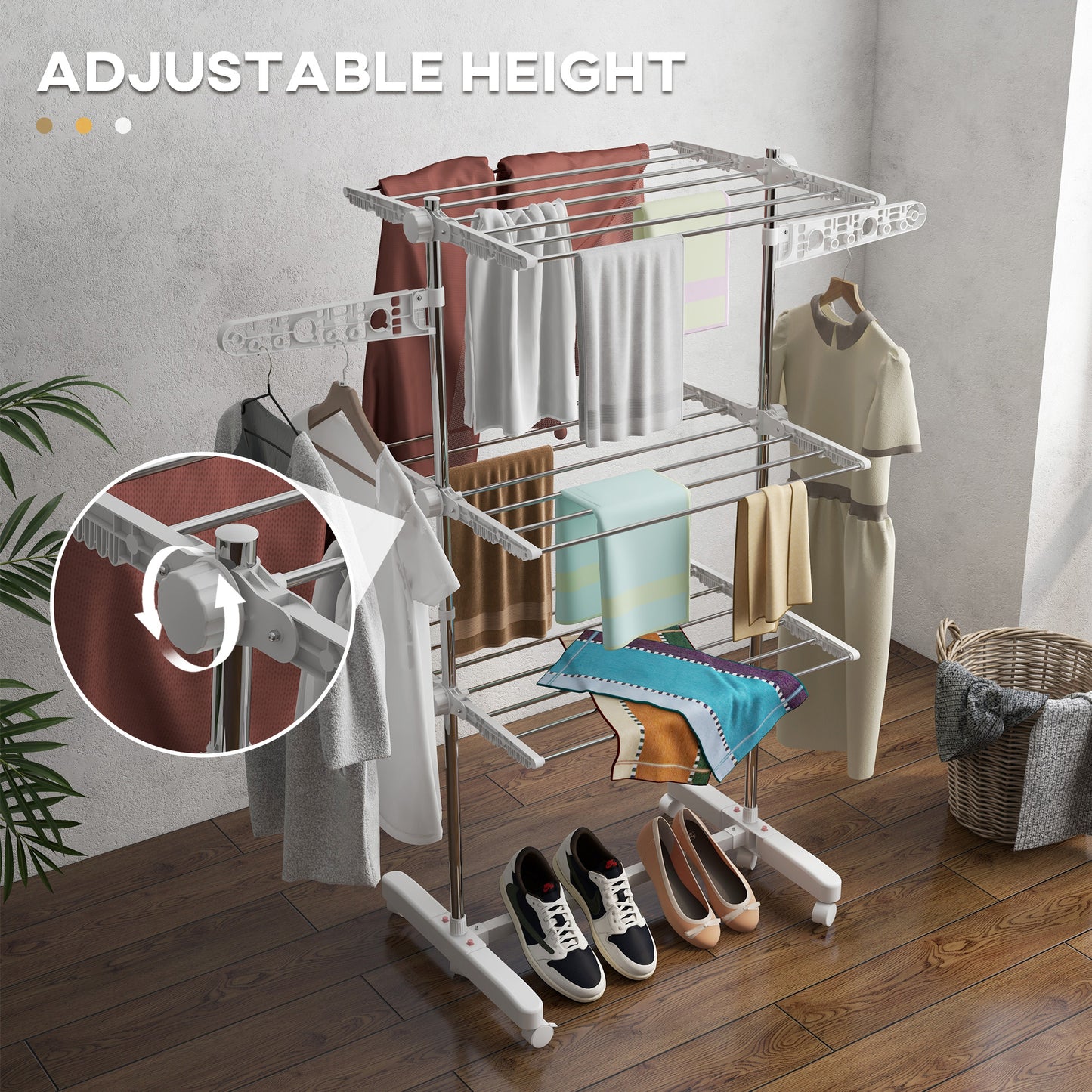 HOMCOM 3-Tier Foldable Clothes Drying Rack, Stainless Steel Laundry Rack with 2 Side Wings and 6 Castors, Collapsible Adjustable Clothes Airer for Indoor Outdoor, White