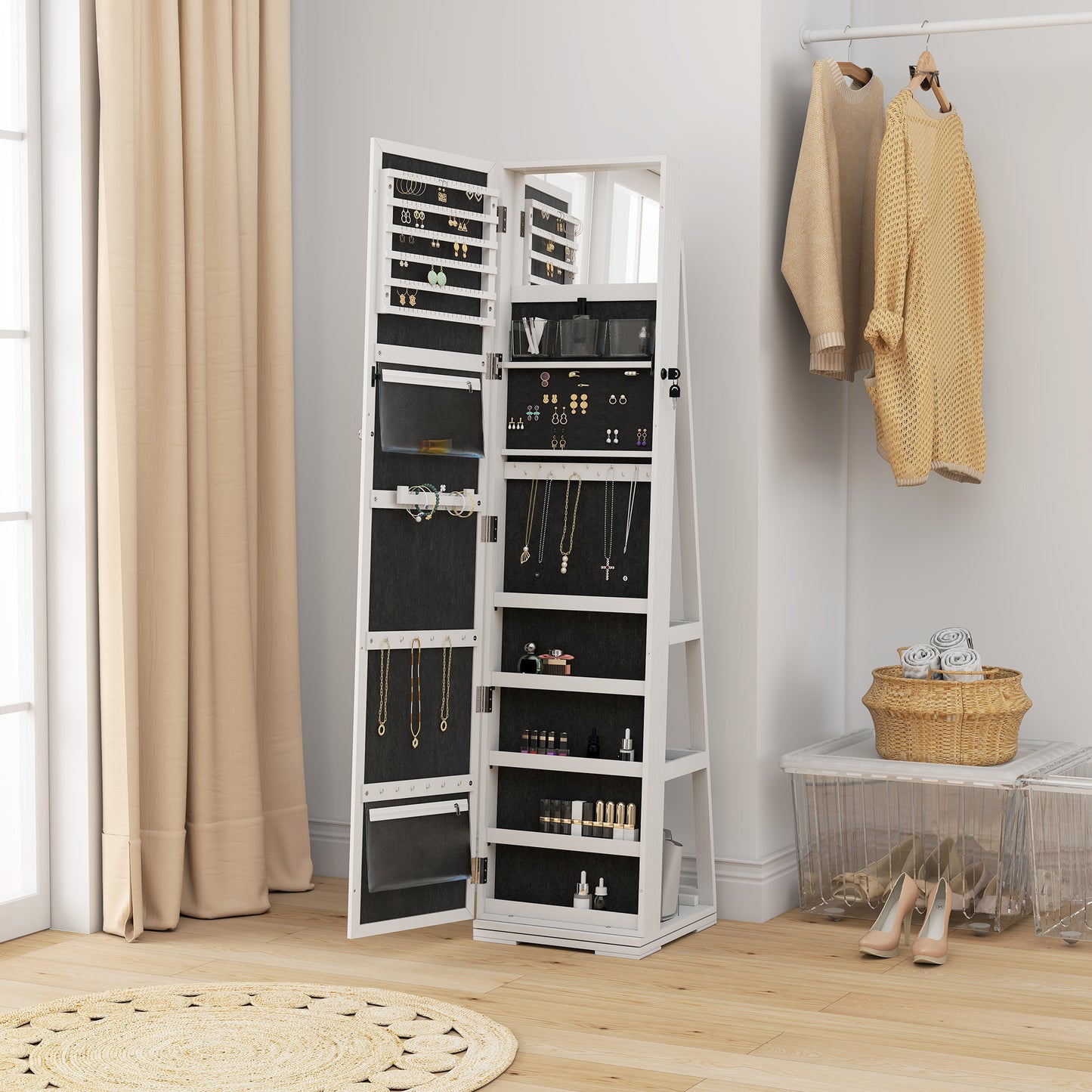 HOMCOM 360Â° Swivel Jewelry Armoire, Lockable Mirror Jewelry Cabinet with Built-In Small Mirror, White