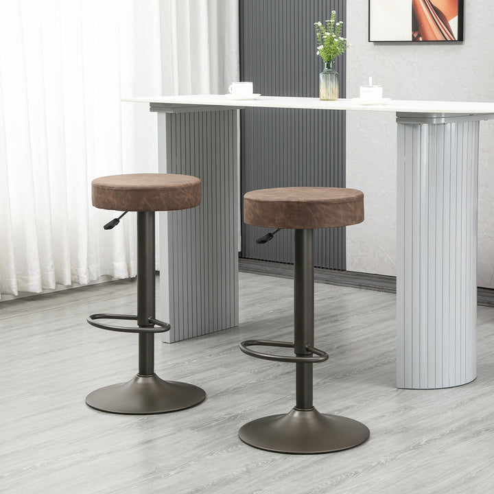 HOMCOM Modern Adjustable Bar Stools Set of 2, Swivel Barstool with Footrest, PU Leather Round Top for Kitchen, Brown