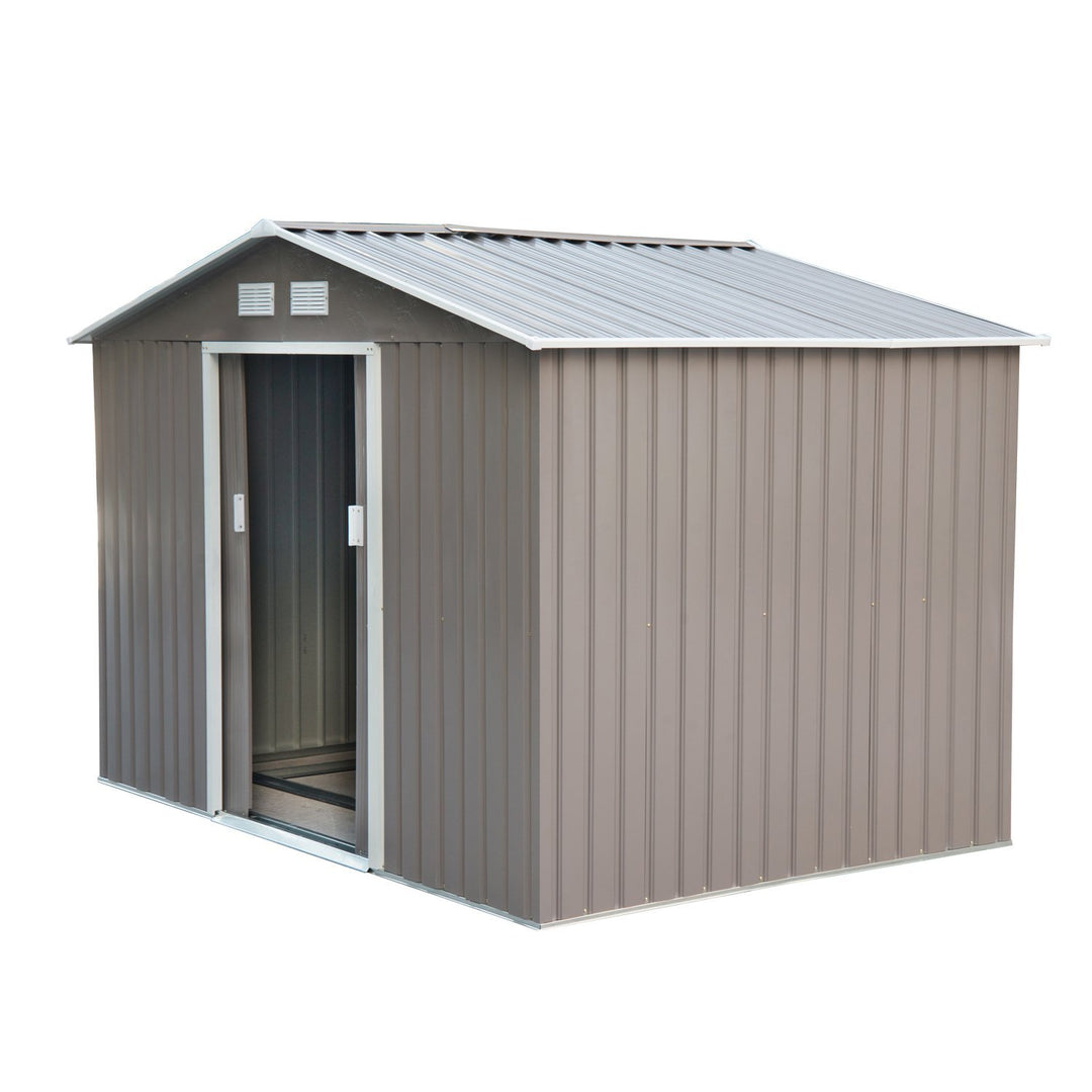 Outsunny 9'x6.3'Garden Storage Outdoor Shed w/ Floor Foundation Outdoor Yard Metal Tool Storage House Grey White