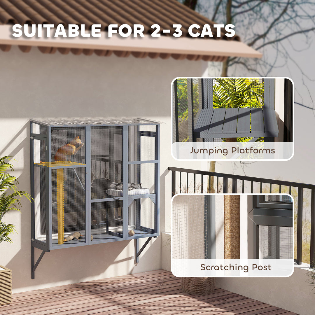 PawHut Wooden Catio Outdoor, Cat Window Box Enclosure for 2-3 Large Cats with 2 Jumping Platforms & Scratching Post, Grey