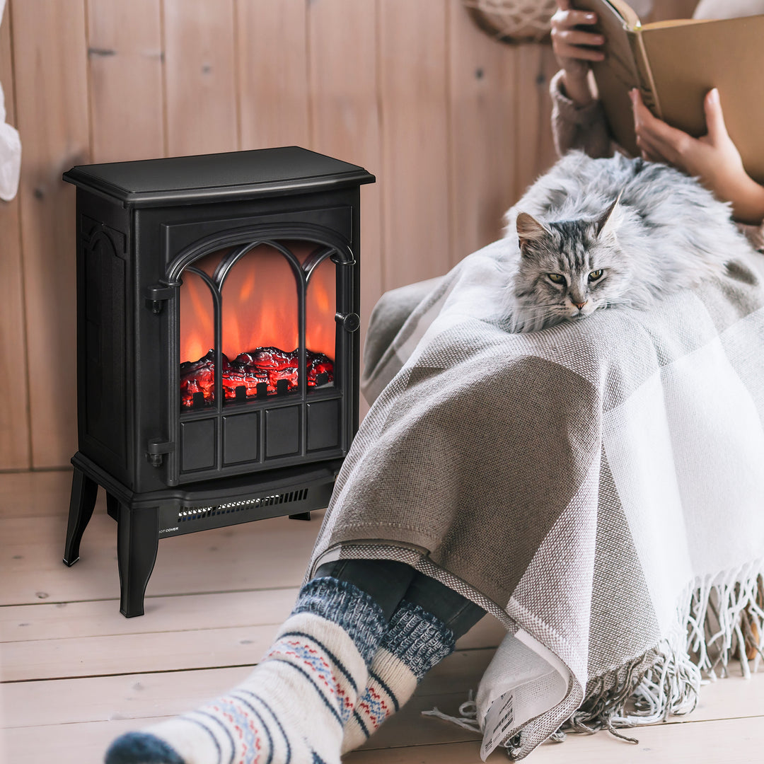 HOMCOM Electric Fireplace Stove, Freestanding Fireplace Heater with Realistic Flame, Adjustable brightness, Overheating Safety System, Black