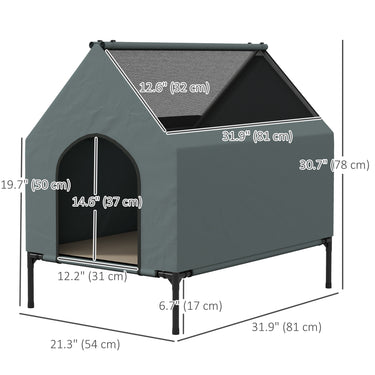 PawHut Dog House Outdoor Elevated Dog Bed with Removable Cover, Mesh Windows, Storage Bag, for S and M-Sized Dogs, Grey