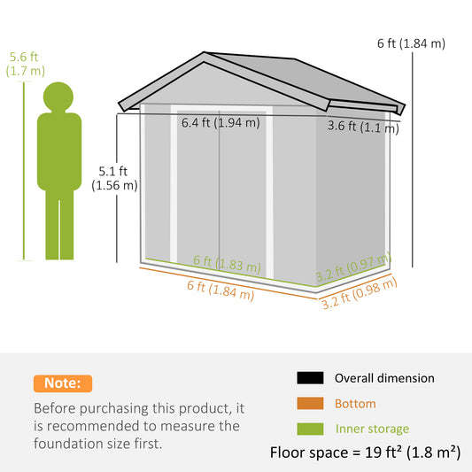 Outsunny 6.5x3.5ft Metal Garden Storage Shed for Outdoor Tool Storage with Double Sliding Doors and Vents, Grey