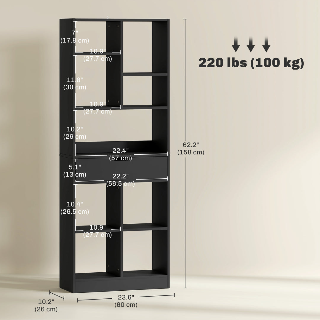 HOMCOM Tall Bookshelf with Drawer, Freestanding Bookcase for Bedroom, Living Room, Home Office, White