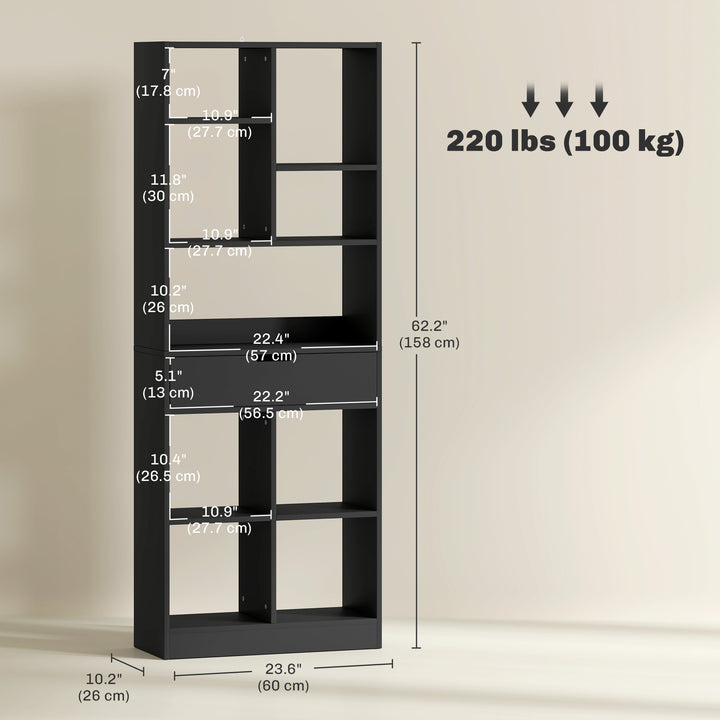 HOMCOM Tall Bookshelf with Drawer, Freestanding Bookcase for Bedroom, Living Room, Home Office, White