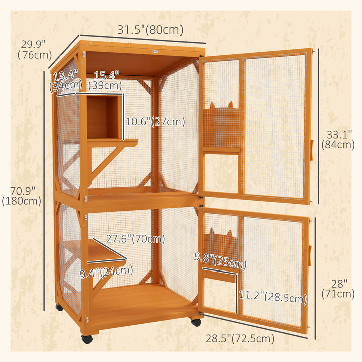 PawHut Catio Outdoor, Elevated Design, with Wheels, Resting Box, Water-Resistant, Multi Platforms, Orange