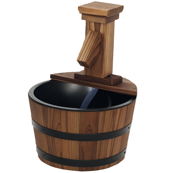 Outsunny Outdoor Waterfall Fountain, Garden Wood Barrel, Carbonized