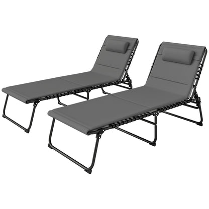Outsunny Folding Chaise Lounge Chair Set of 2, Reclining Outdoor Lounge Chair Set with Quick Drying Pad Headrest Side Pocket, Tanning Chair Set for Beach Garden Pool, Light Grey