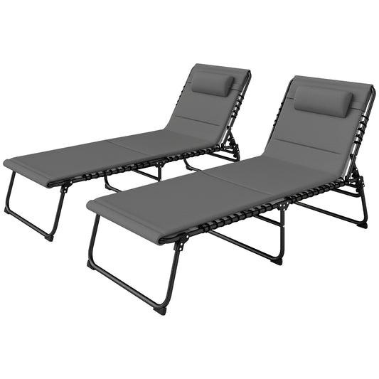 Outsunny Folding Chaise Lounge Chair Set of 2, Reclining Outdoor Lounge Chair Set with Quick Drying Pad Headrest Side Pocket, Tanning Chair Set for Beach Garden Pool, Light Grey
