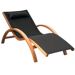 Outsunny Outdoor Wood Chaise Lounge Chair Recliner Patio Camping with Headrest, Teak & Black