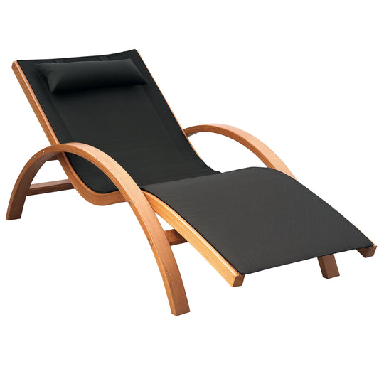 Outsunny Outdoor Wood Chaise Lounge Chair Recliner Patio Camping with Headrest, Teak & Black