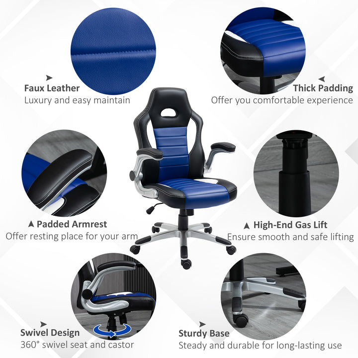 HOMCOM Racing Gaming Chair PU Leather Office Chair Executive Computer Desk Chair with Adjustable Height, Flip Up Armrest, Swivel Wheels, Blue