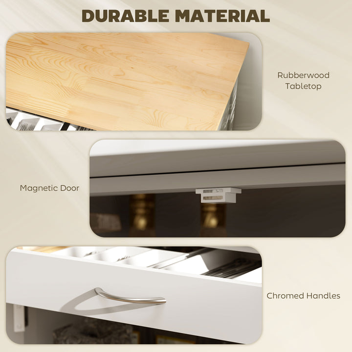 HOMCOM Rolling Kitchen Cart, Kitchen Island with Storage Drawer, 9-bottle Wine Rack, Door Cabinets, Wooden Countertop, White