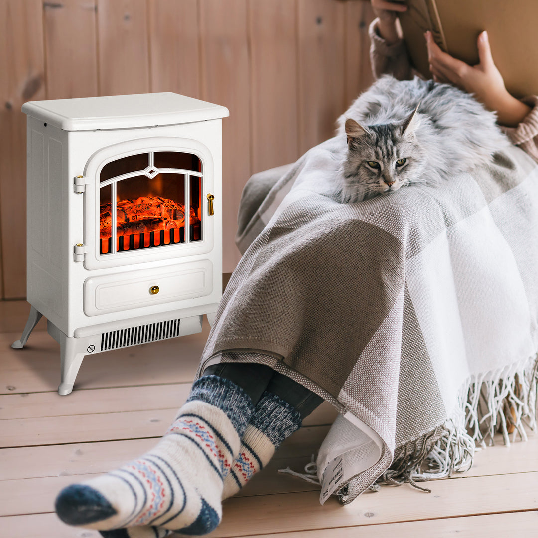 HOMCOM 16" Free Standing Electric Fireplace Portable Adjustable Stove with Heater Wood Burning Flame 750/1500W White