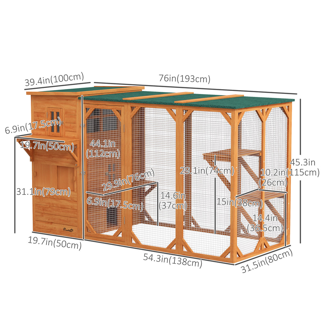 PawHut Wooden Cat Catio, 76"L Walk in Outdoor Cat House with Asphalt Roof, Platforms, Lockable Doors, 3-tier Resting Condo, Observation Window, for 2-3 Cats, Light Grey