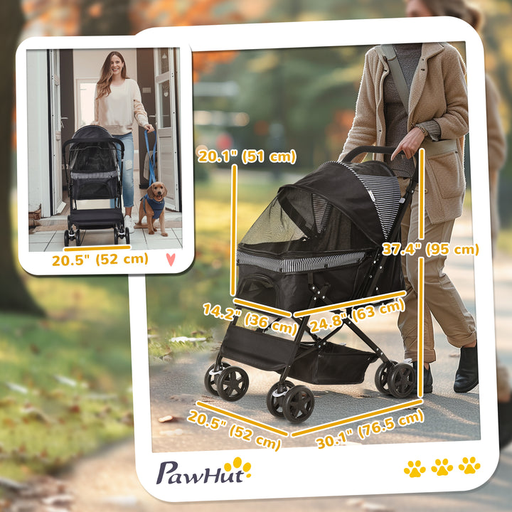 PawHut Foldable Cat Dog Travel Carriage, 4 Wheels Pet Stroller with EVA Wheel Brake, 3-stage Canopy, Mesh Window Door, Black