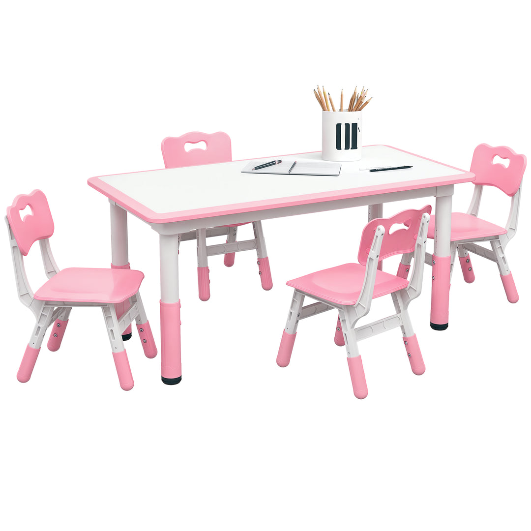 Qaba Kids Table and Chair Set with 4 Chairs, Adjustable Height, Easy to Clean, for 1.5 - 5 Years Old, Pink