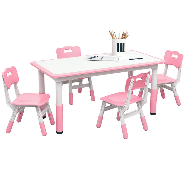 Qaba Kids Table and Chair Set with 4 Chairs, Adjustable Height, Easy to Clean, for 1.5 - 5 Years Old, Pink