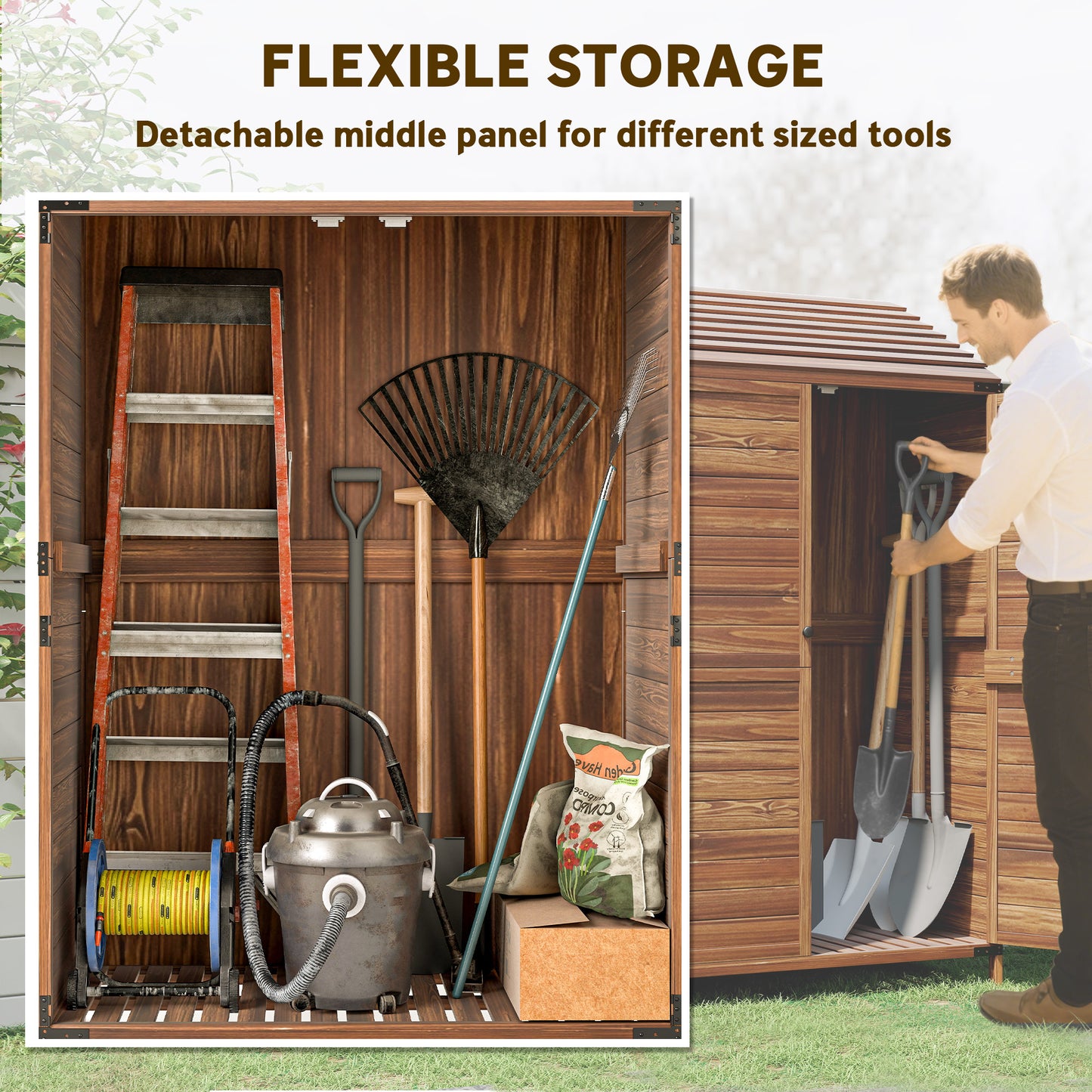 Outsunny Outdoor Storage Cabinet, Wooden Garden Storage Shed with Double Doors and Shelves for Garden Porch Deck, Mixed-Brown