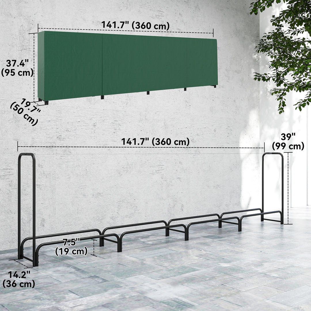 Outsunny Firewood Rack with Waterproof Cover, 500 kg Log Storage Holder with Steel Chains, 142" x 14" x 39", Dark Green