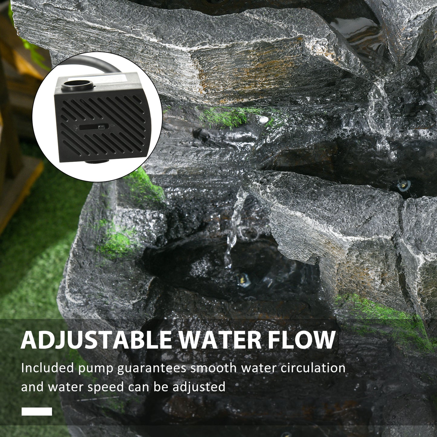 Outsunny 4-Tiered Outdoor Jar and Bowls Water Fountain with LED Lights, Adjustable Flow, 26.4-inch Resin Waterfall Fountain