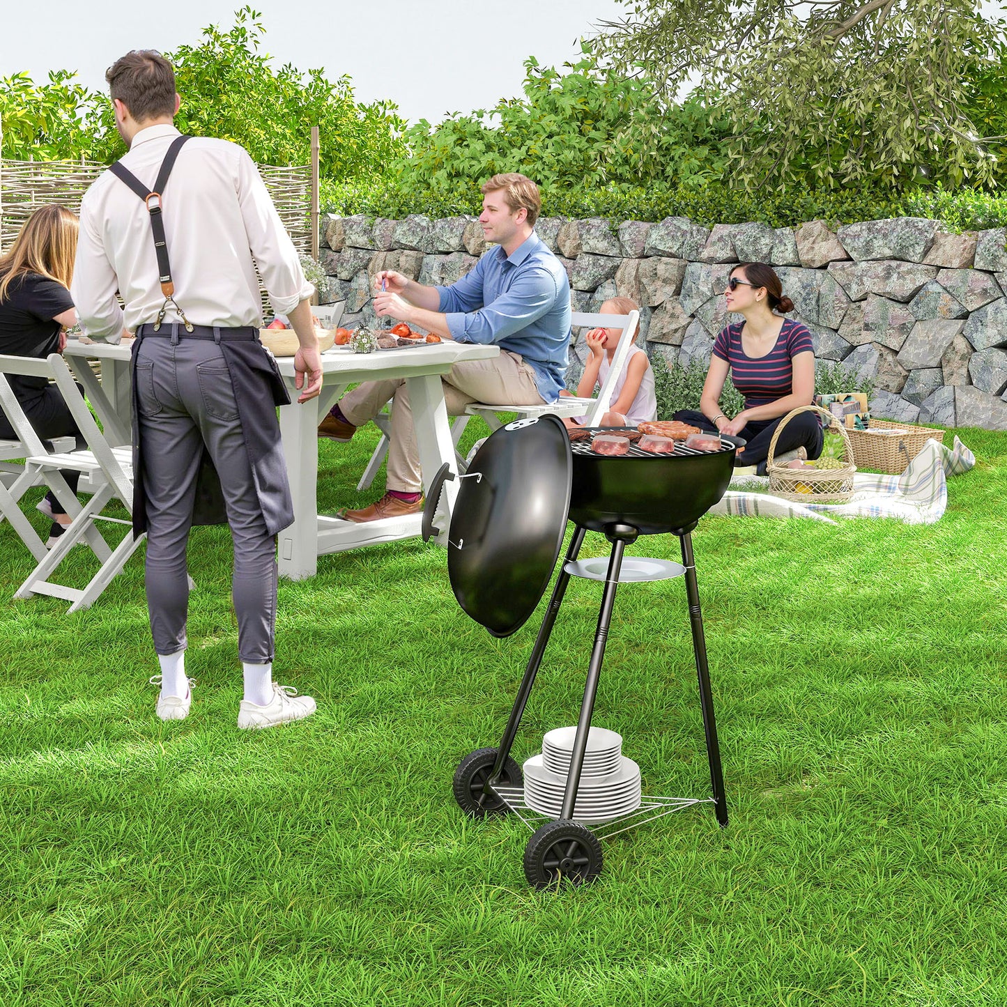Outsunny 17" Kettle Charcoal BBQ Grill with BBQ Accessories, Barbecue Grill with Shelf, Ash Catcher, Wheels, Handles for Outdoor Cooking, Patio Backyard Party, Black