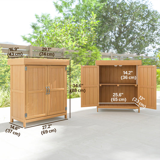 Outsunny Wooden Garden Tool Storage Shed Kit with Hinged Roof, 2-Tier Shelves and Double Doors, 74x43x88cm, Natural Wood
