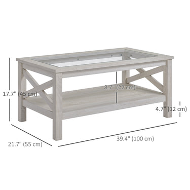 HOMCOM Farmhouse Coffee Table with Tempered Glass Table Top, 2-tier Center Table with Bottom Storage Shelf for Living Room, Bedroom