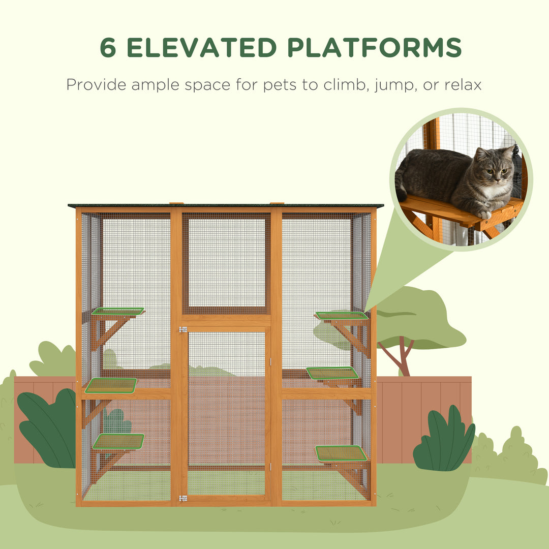 PawHut Large Outdoor Catio Enclosure, Weatherproof Cat House with Asphalt Roof,  Wooden Cat Patio Cage with 6 Balanced Platforms, 71" x 39" x 71", Grey