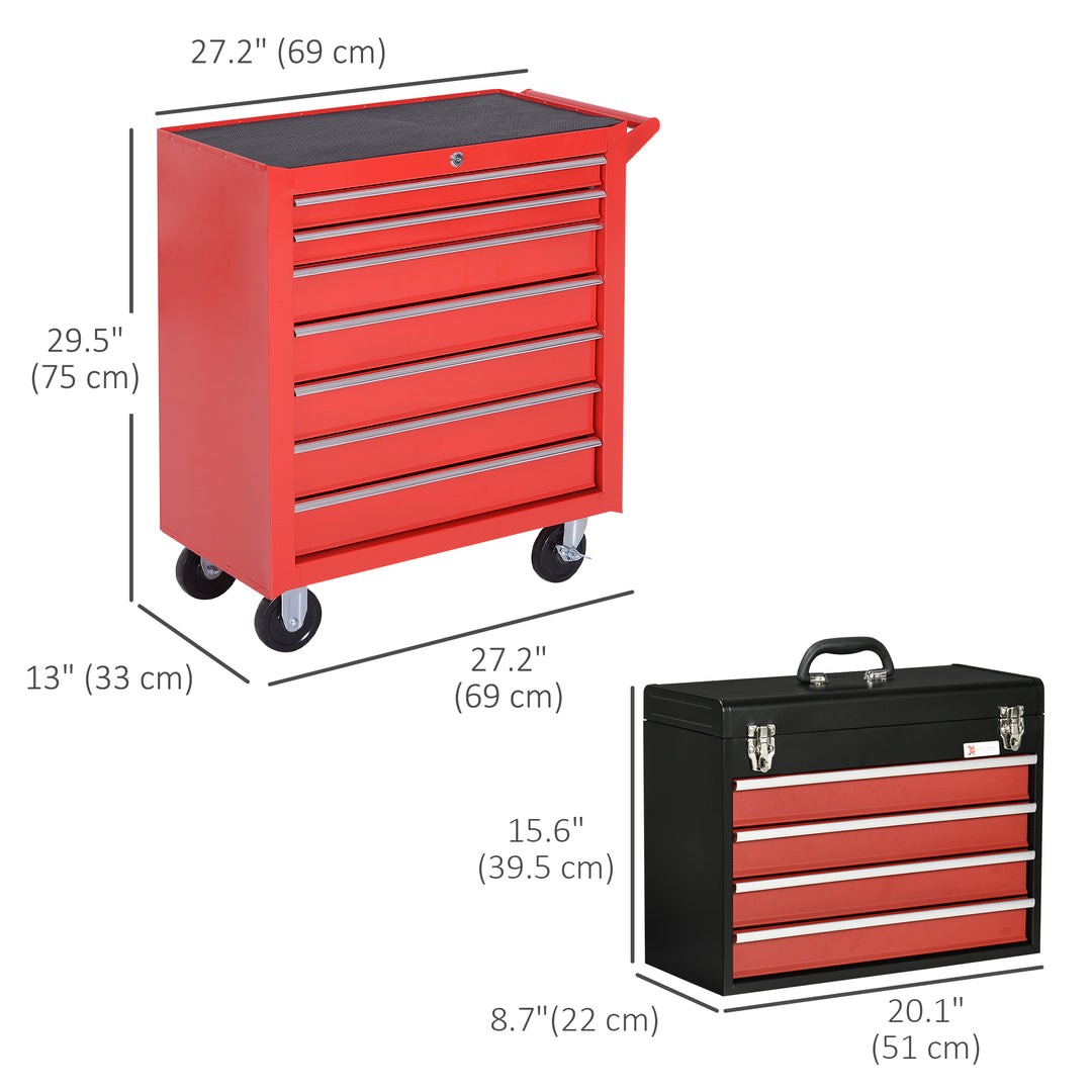 DURHAND Lockable Tool Chest and Tool Box Set of 2, 7 Drawer Tool Cabinet with Wheels, 4 Drawer Portable Tool Chest with Handle for Garage, Factory, Workshop, Red