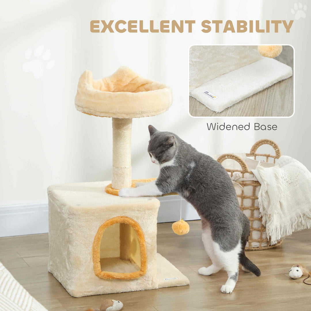 PawHut 28" Cat Tree Tower with Plush Top Bed, Cozy Condo, Sisal Scratching Post, Perch, Dangling Ball, Light Grey