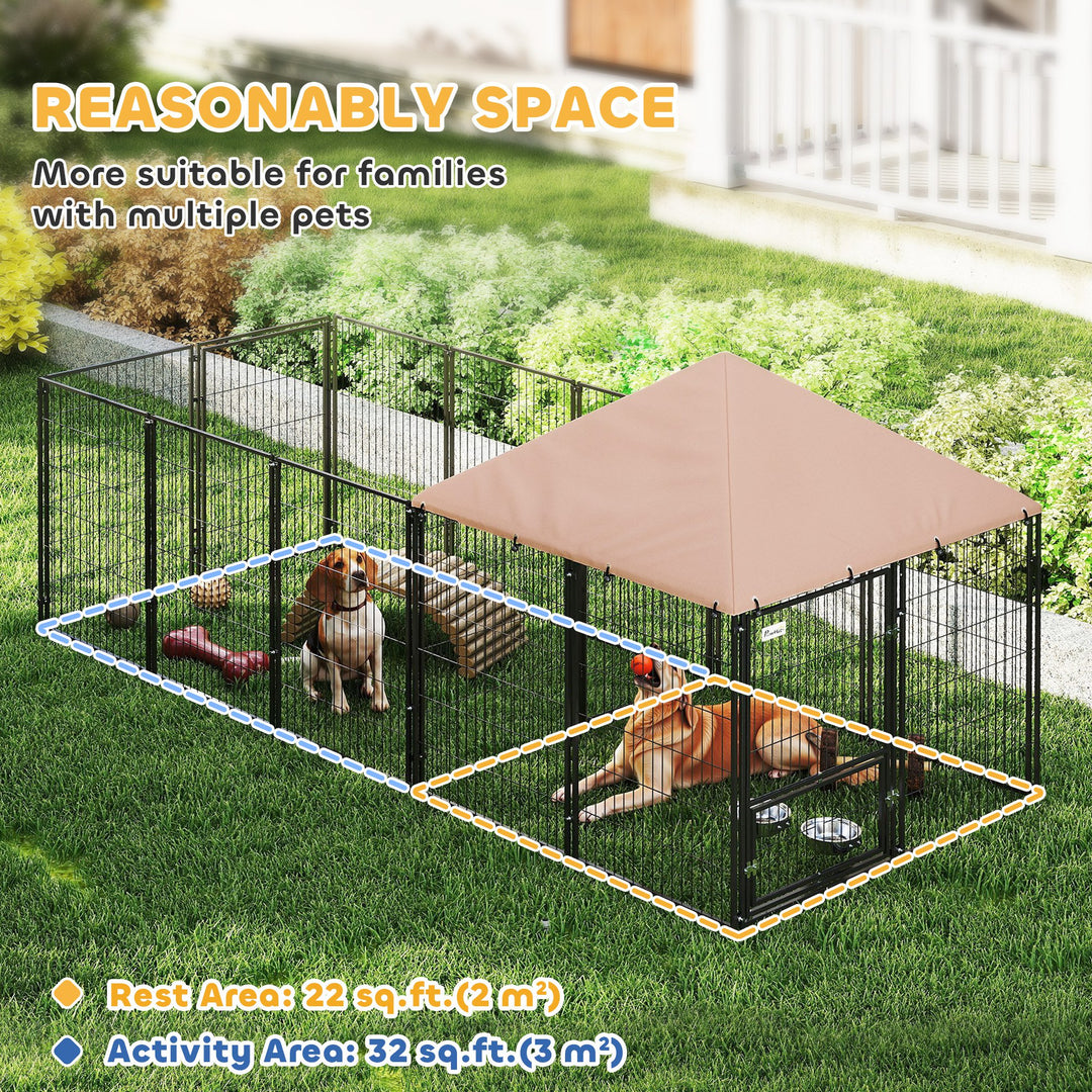 PawHut Outdoor Dog Kennel with Rotating and Adjustable Height Bowls, Waterproof UV-Resistant Cover, 11.3' x 4.7' x 5.1'