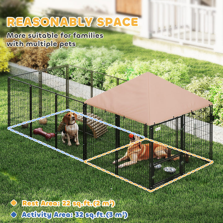 PawHut Outdoor Dog Kennel with Rotating and Adjustable Height Bowls, Waterproof UV-Resistant Cover, 11.3' x 4.7' x 5.1'
