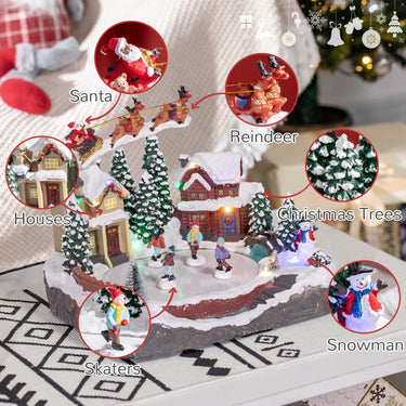 HOMCOM Christmas Village, Santa and Deer Skating Pond Animated Winter Wonderland Set with Multicolored LED Light, Plug-In Christmas Decoration