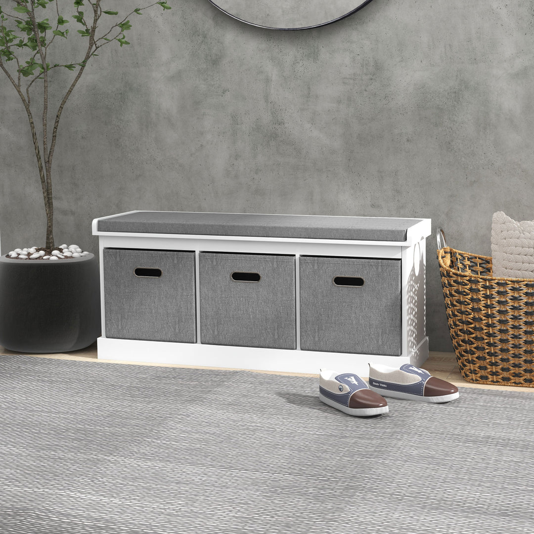 HOMCOM Shoe Storage Bench with Seat, Entryway Bench Seat with Cushion, 3 Fabric Drawers for Hallway, Grey