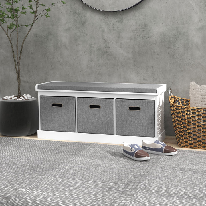 HOMCOM Shoe Storage Bench with Seat, Entryway Bench Seat with Cushion, 3 Fabric Drawers for Hallway, Grey