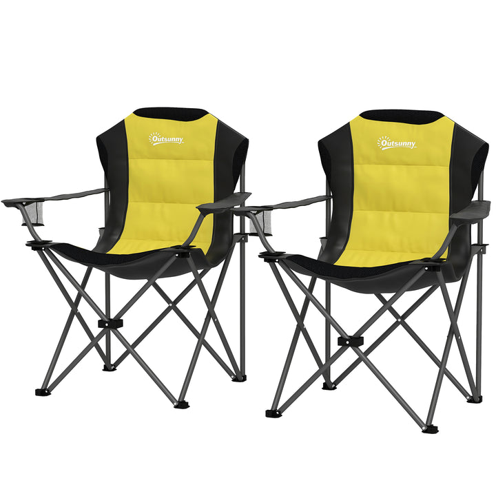 Outsunny 2 Pack Folding Camping Chairs, High Back Folding Chairs w/ Cup Holder, Padded Camping Chairs for Outdoor Events, Yellow