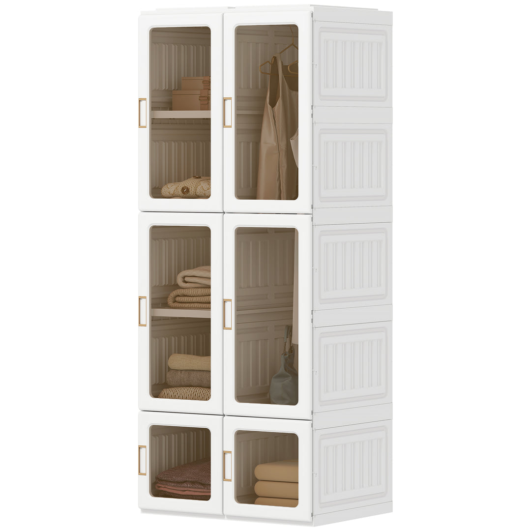 HOMCOM Portable Wardrobe, Foldable Plastic Closet with 6 Compartments, Hanging Rod and Magnetic Doors, White